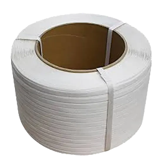 A large roll of white plastic strapping tape used for packaging, with a cardboard core and two straps securing the roll.