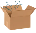 An open cardboard box with blue and yellow illustrated confetti and stars coming out from inside.