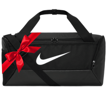 Black duffel bag with a large white Nike logo, adorned with a red bow.