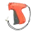 A red and black tagging gun with a black wrist strap, used for attaching tags to merchandise.