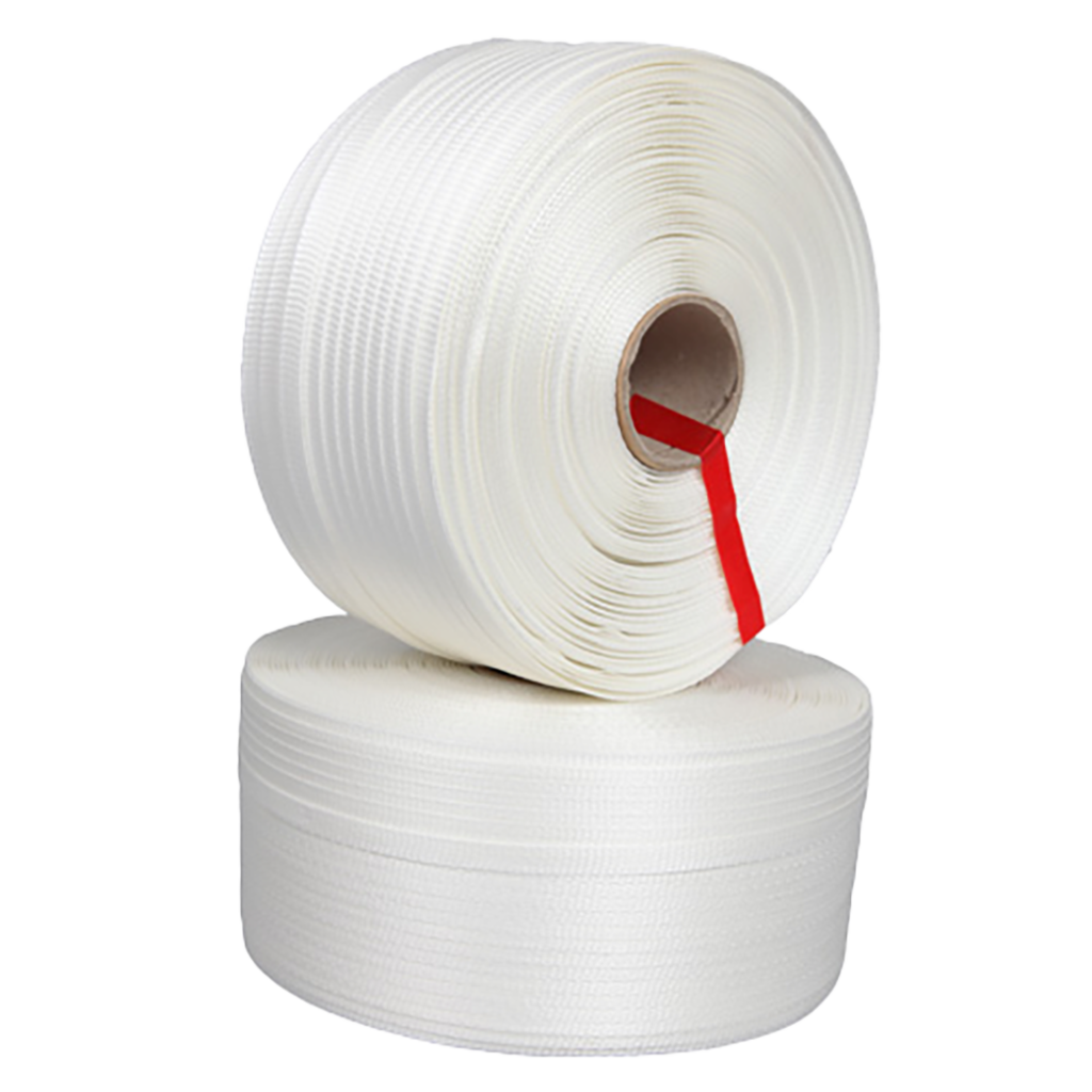 Two rolls of white strapping tape, one atop the other. The top roll has a red strip partially unwound.
