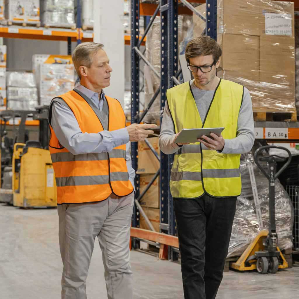 Two men in safety vests walk through a warehouse aisle. One man holds a tablet while the other gestures, both surrounded by shelves and forklifts.