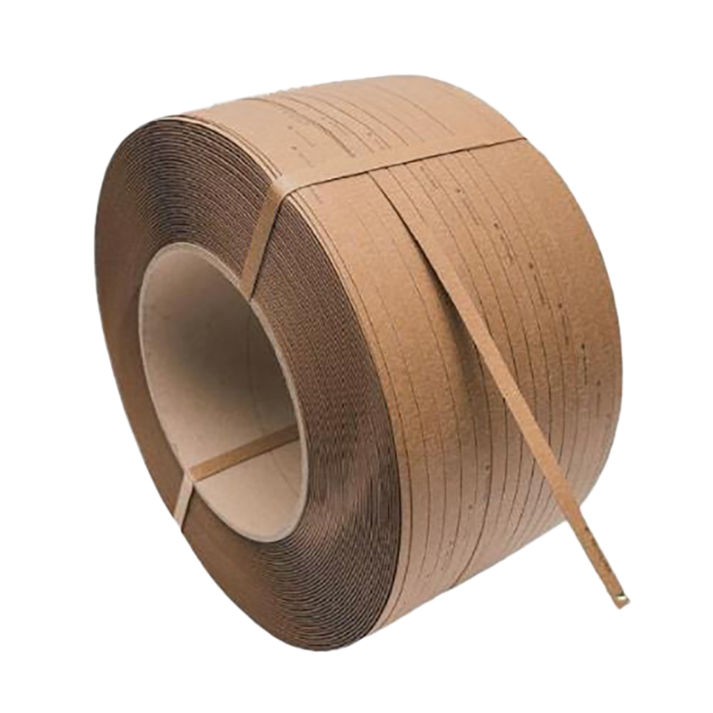 A large roll of brown cardboard banding, tightly coiled, with pre-cut lines for easy tearing, secured with two cross straps.