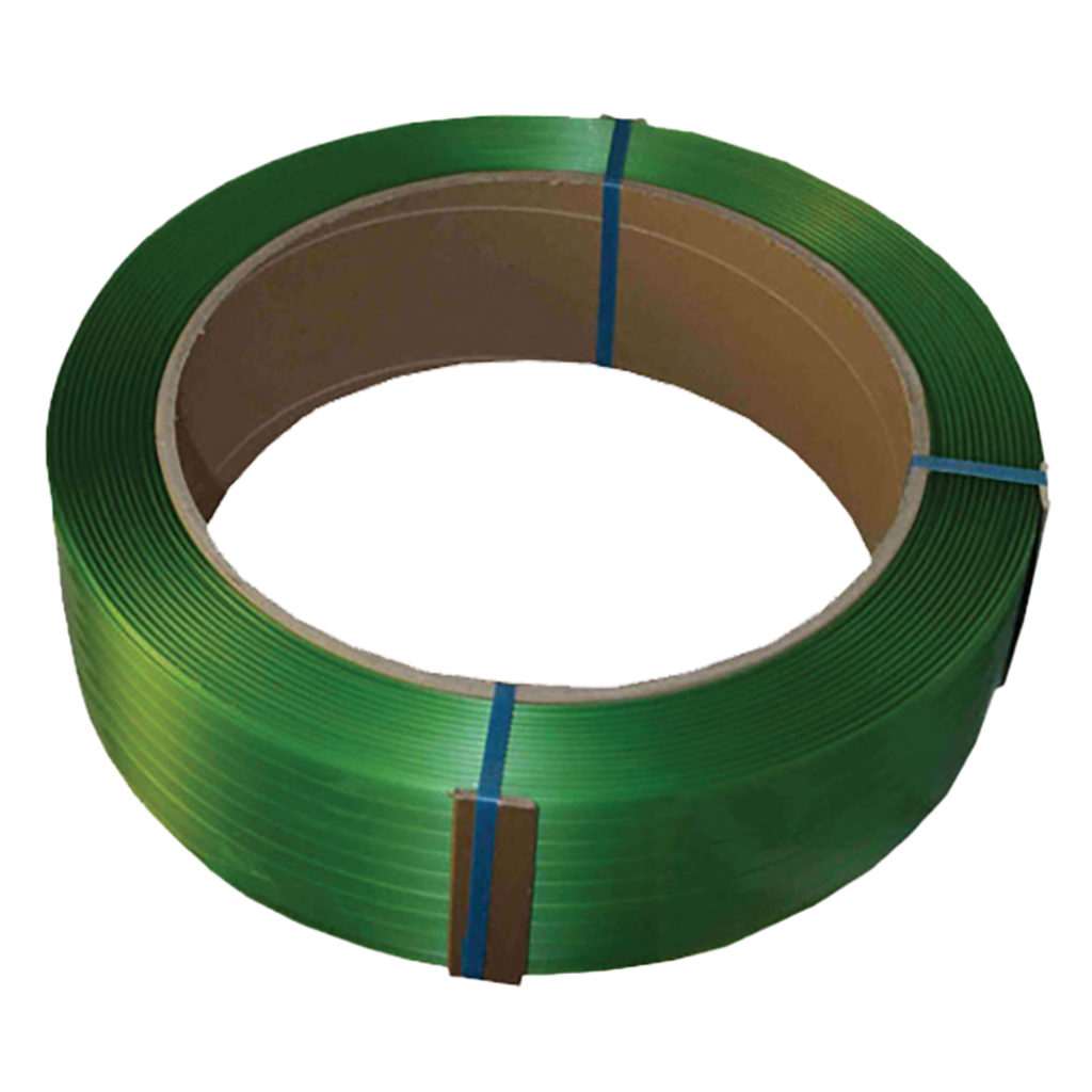 A coil of green plastic strapping, secured with blue bands, is rolled tightly next to a cardboard core.
