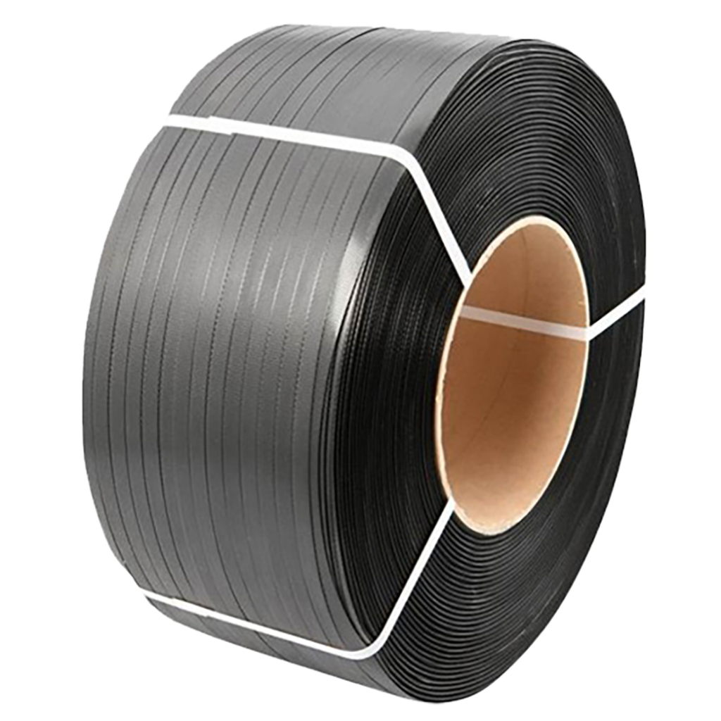 A large roll of black plastic strapping with a cardboard core, secured with white ties.