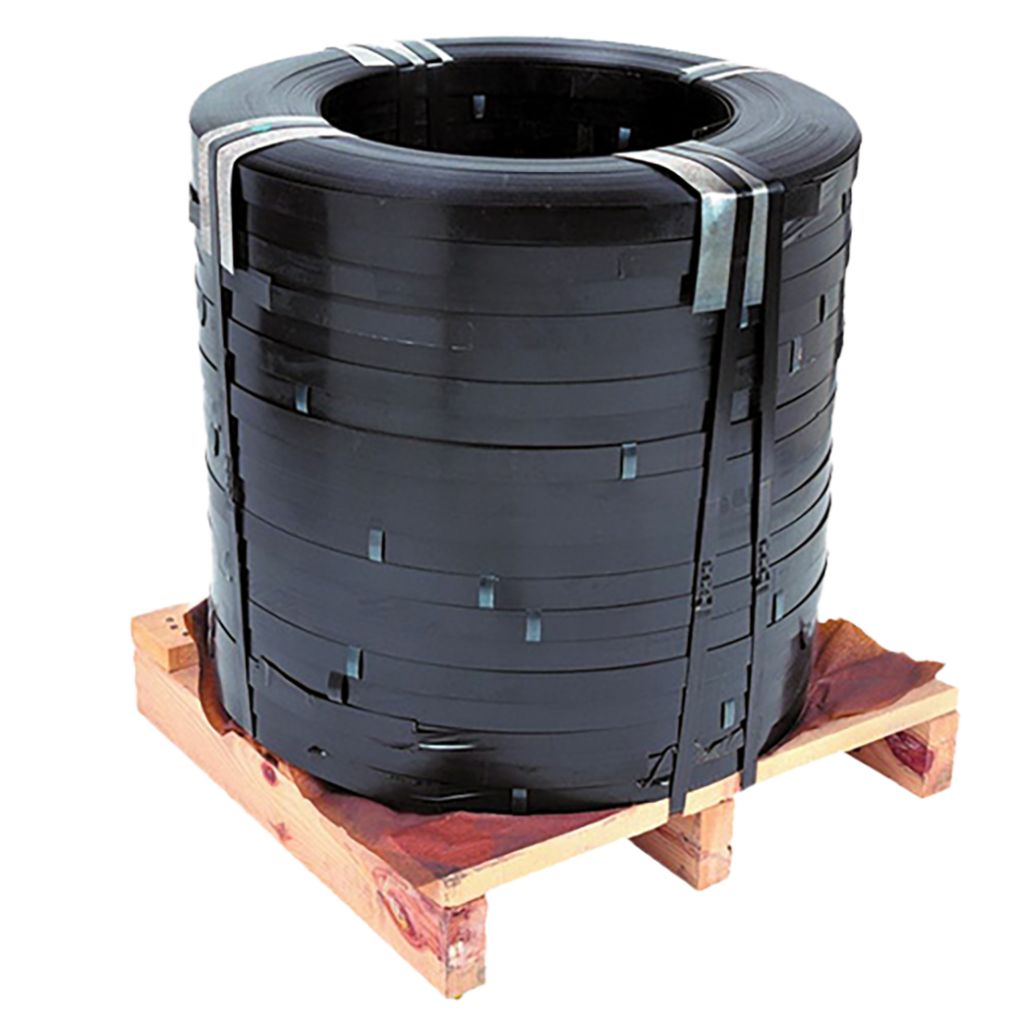 A large roll of black strapping is secured with metal bands on a wooden pallet against a white background.