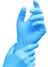 Two hands wearing blue latex gloves, with the right hand adjusting the glove on the left hand.