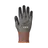 A black and gray work glove with safety ratings on the back of the hand.