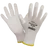 A pair of white work gloves with "FLEXSOR 78-505 RONCO" and size information printed on the back, featuring yellow trim at the wrist.