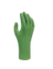 A green rubber glove stands upright with fingers slightly curved, displayed against a plain white background.