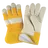 A pair of yellow and white work gloves made of leather and fabric, shown with one glove facing palm up and the other palm down.