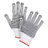 A pair of white knit work gloves with black rubber grip dots and red trim around the cuffs, displayed with palms facing up.