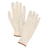 A pair of beige knit work gloves with brown trim on the cuffs, displayed on a white background.