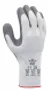 A gray and white protective work glove with safety certification markings printed on the back of the hand.