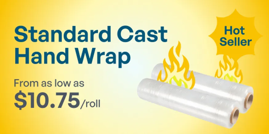 Two rolls of clear plastic hand wrap are shown with flame graphics and a "Hot Seller" label; text advertises prices starting at $10.75 per roll.
